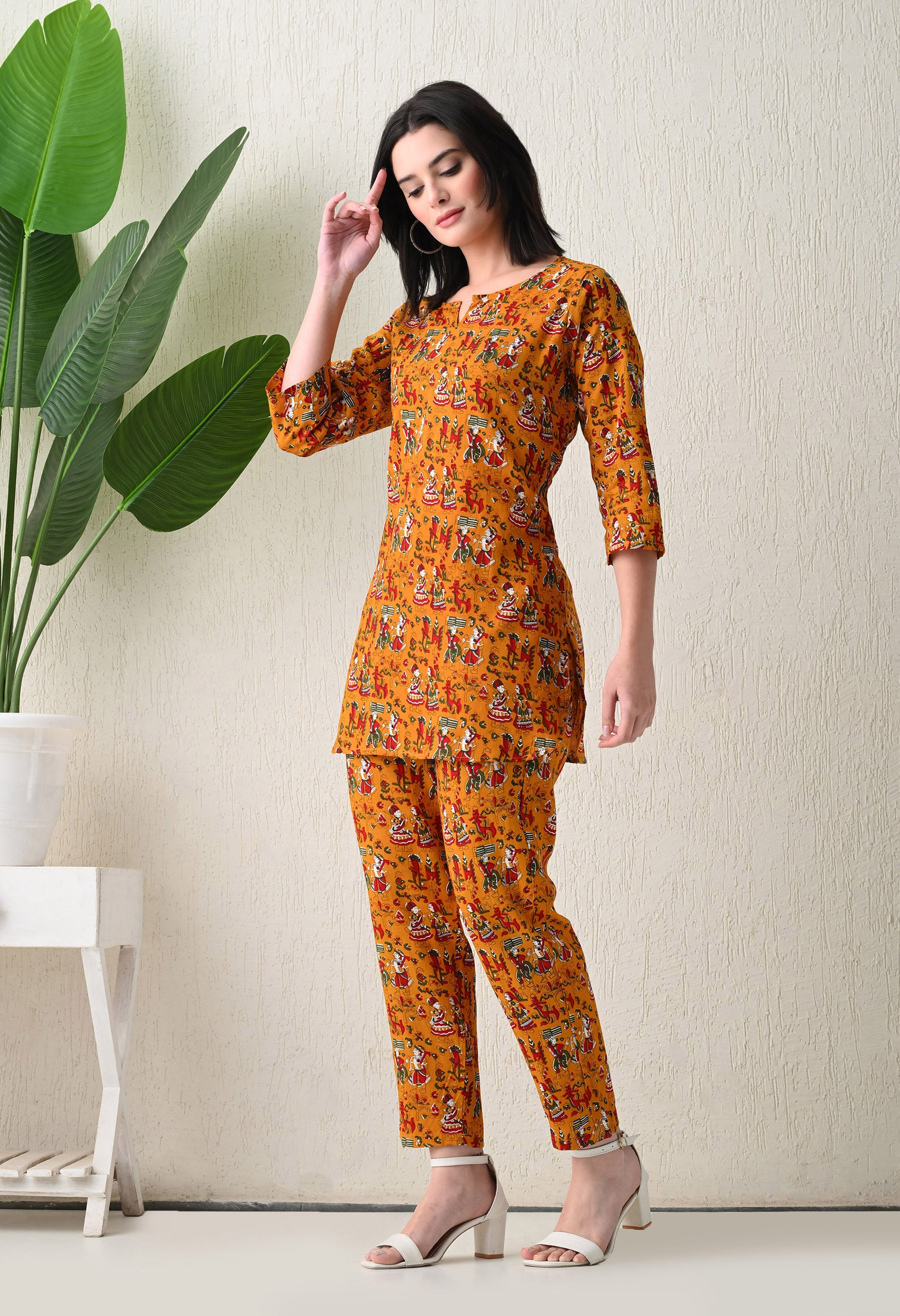 Jaipuri Print Night wear Set Mustard