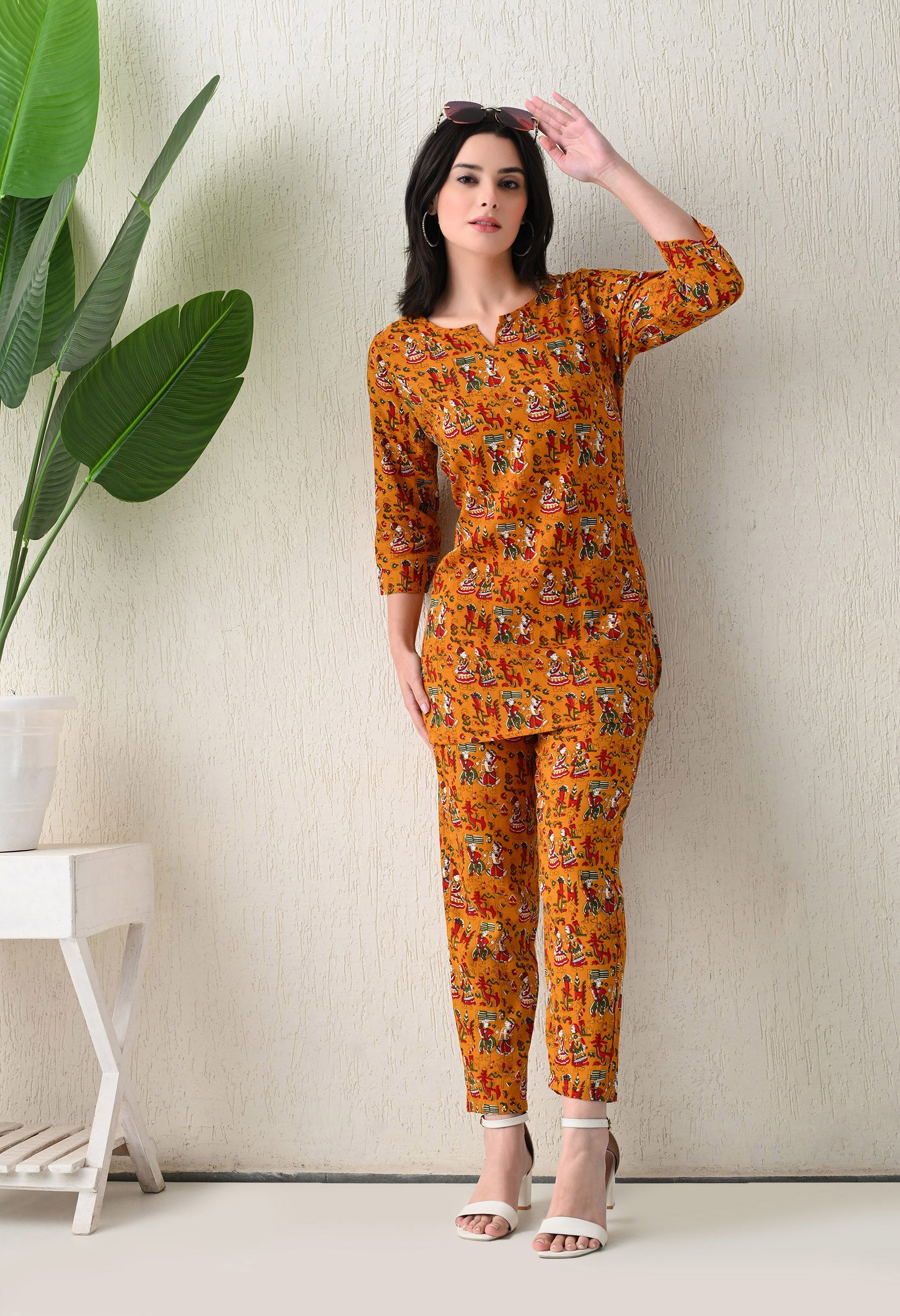 Jaipuri Print Night wear Set Mustard