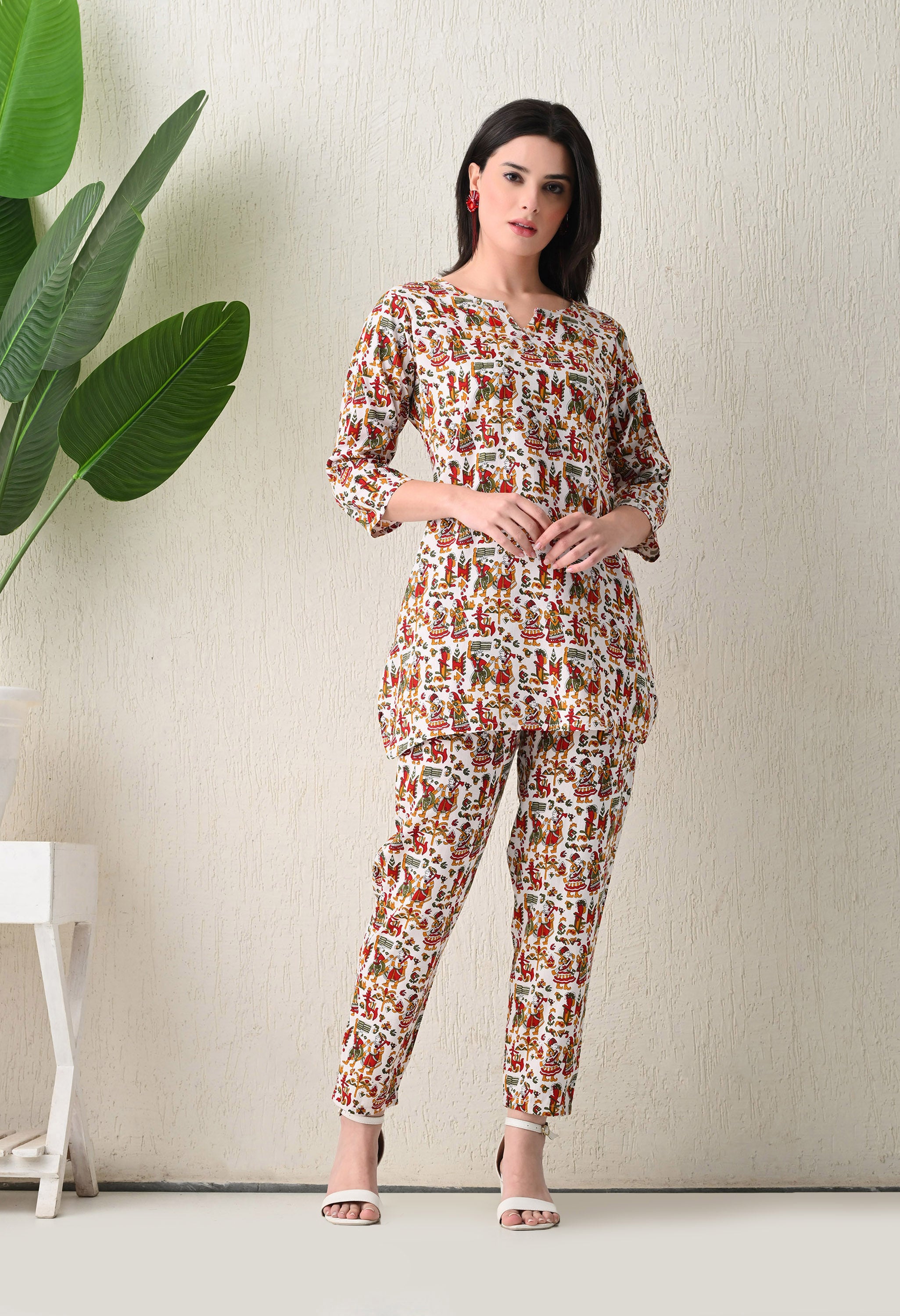 Jaipuri Print Night wear Set White