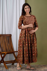 Women's Cotton Feeding Maternity Kurti Brown