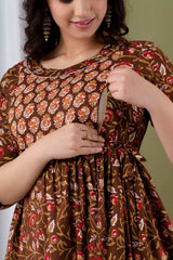 Women's Cotton Feeding Maternity Kurti Brown