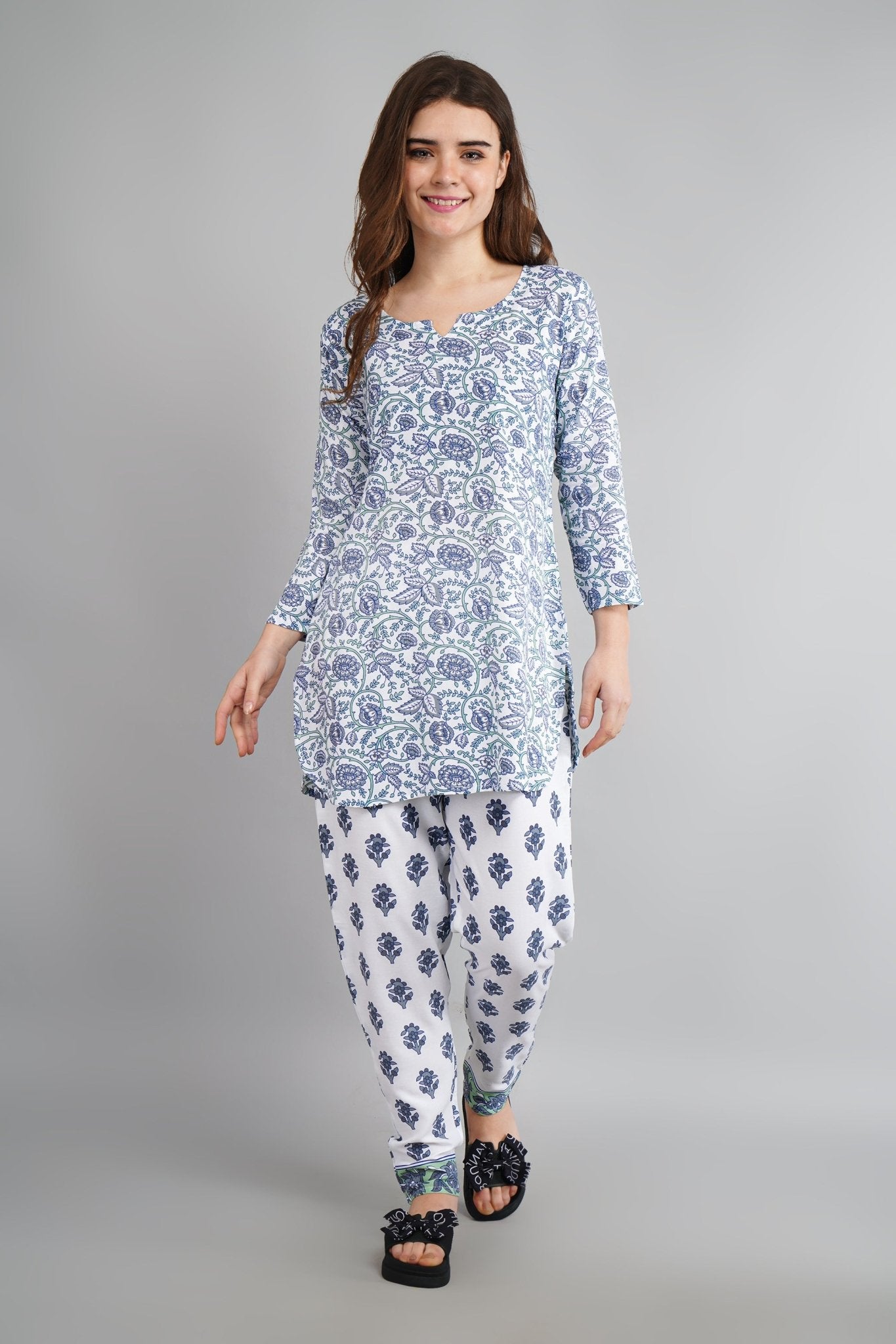 Floral Printed Night Suit (Short Kurta & Payjama Set) By Silakiva SILAKIVA