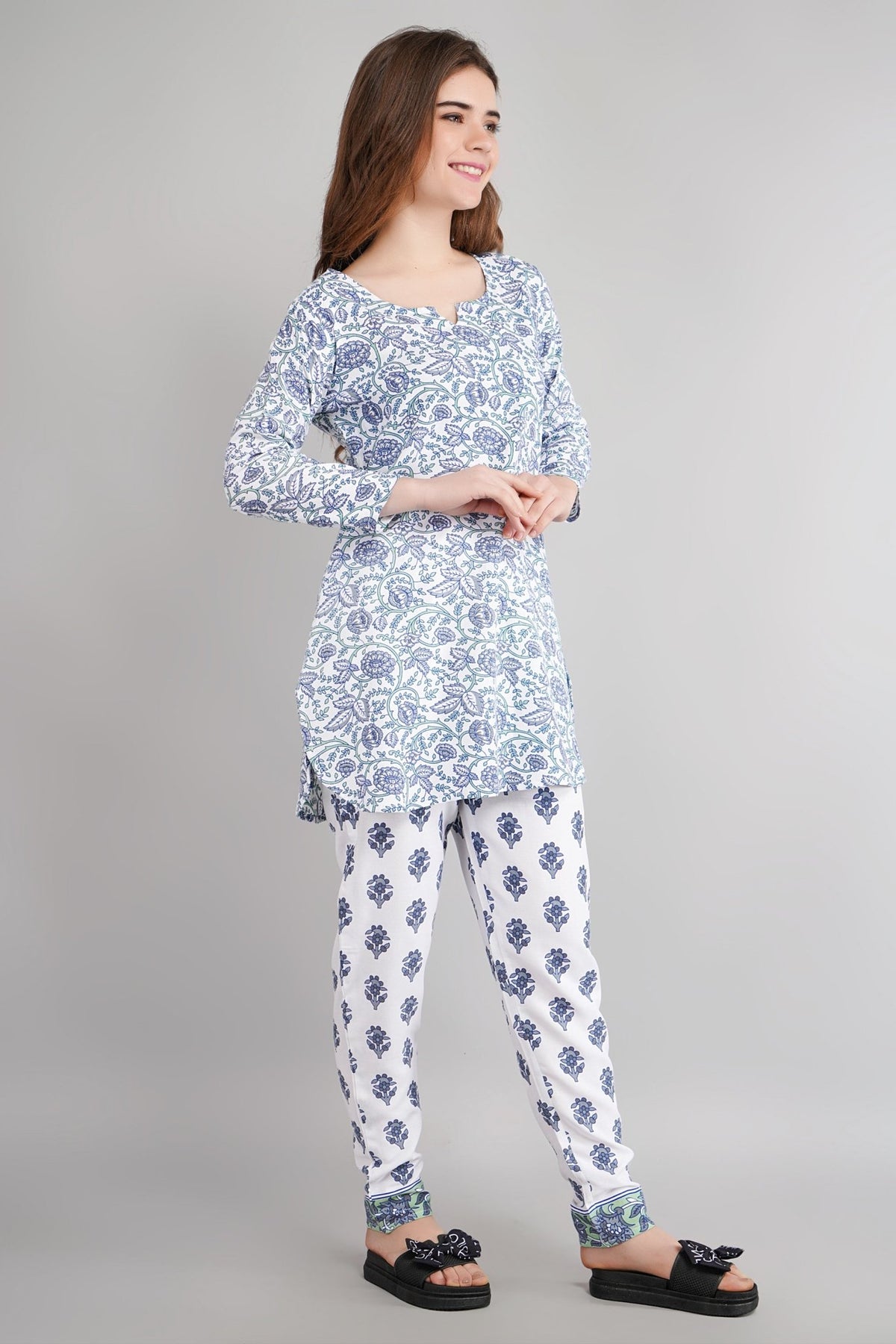 Floral Printed Night Suit (Short Kurta & Payjama Set) By Silakiva SILAKIVA